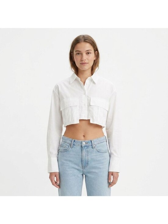 Zara Tops - Zara White Collared Button Up Crop Shirt Size XS Long Sleeves Utility Streetwear